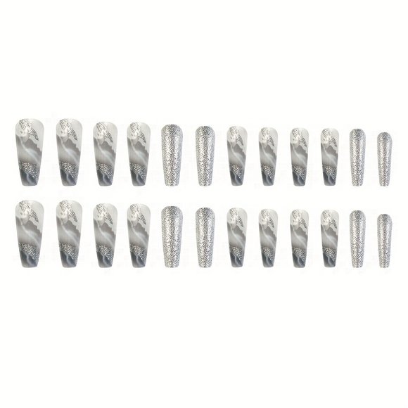 24 Pcs Long Ballerina Marble White And Gray Press On Reusable Nails - Picture 5 of 9